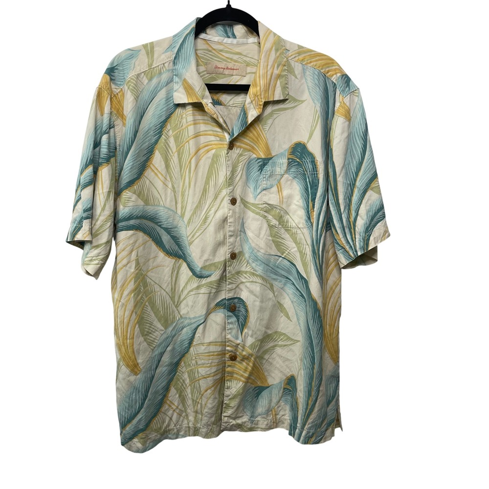Tommy Bahama Men Silk Tropical Palm Leaf Button Down Shirt Hawaiian Resort Dad L